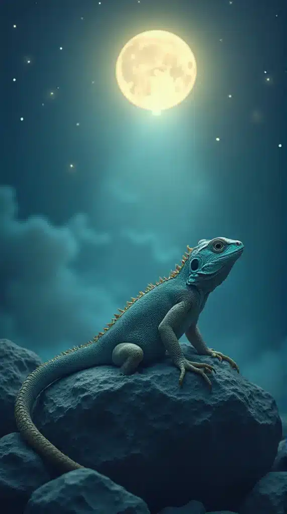 lizard resting on a stone with moonlight