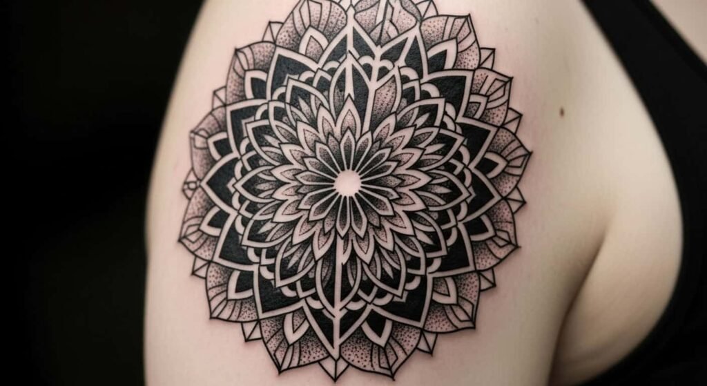 Blackwork tattoo mandala dotwork design on back