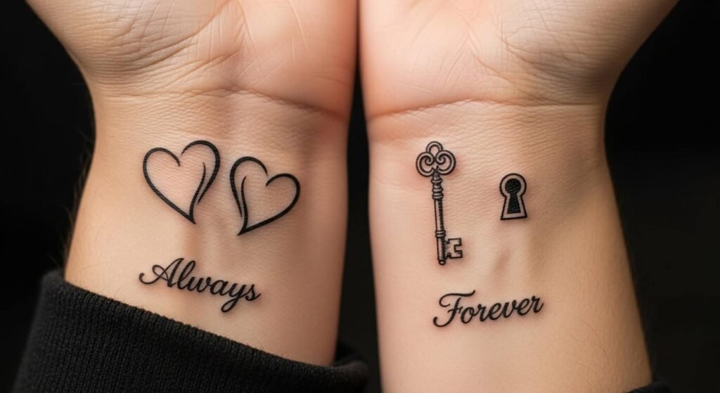  Matching couple tattoos heart and key design on wrists