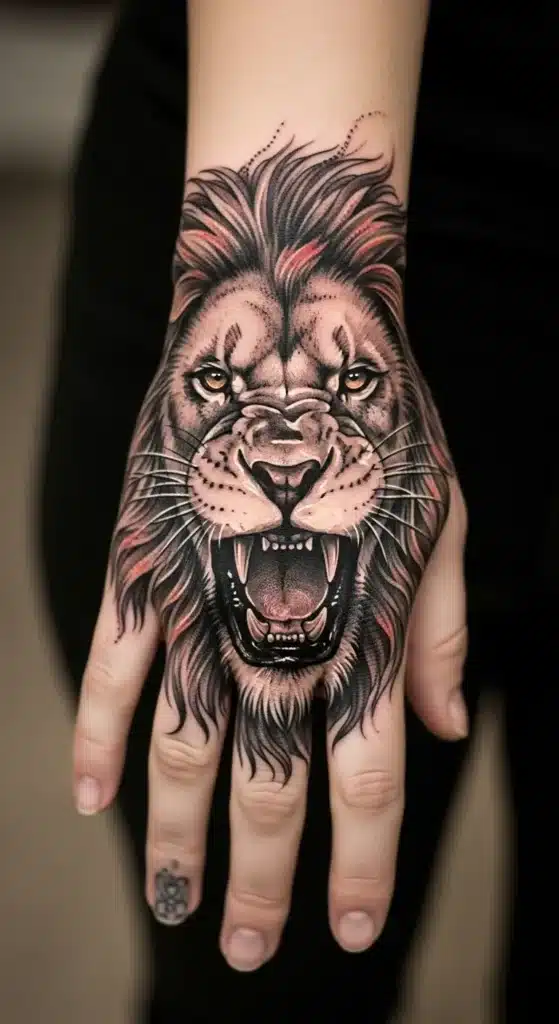 Fierce Lion Head Hand Tattoos