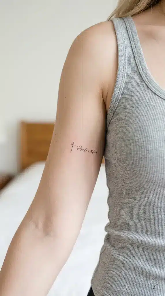 Tiny Cross and Scripture Tattoo
