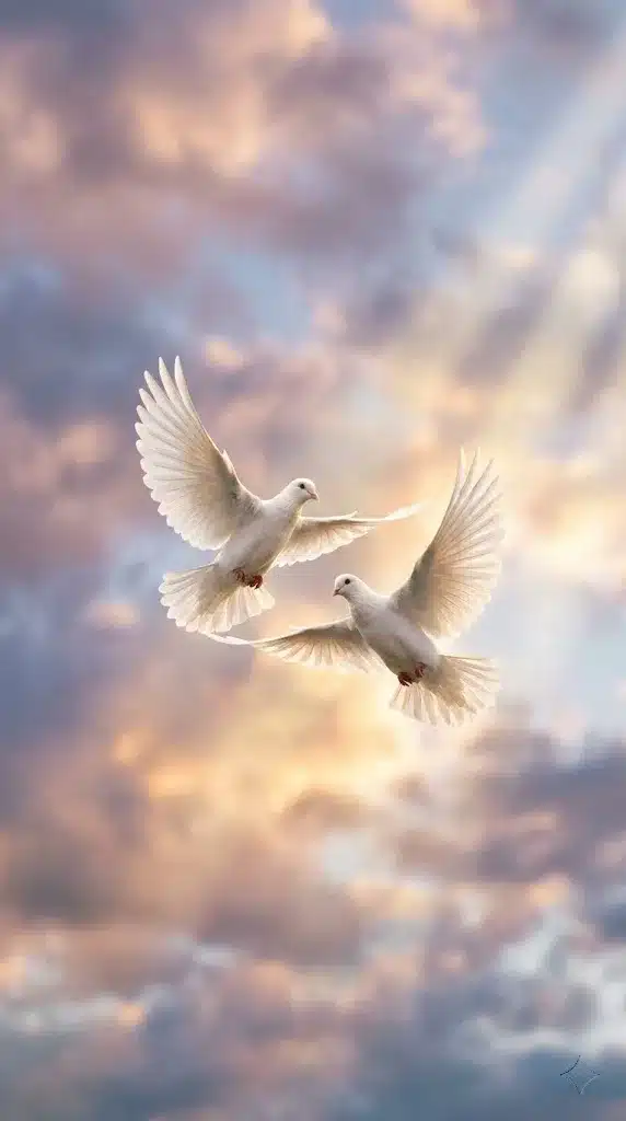 two pure white doves caught mid-flight